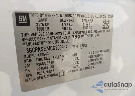 2012 Chevrolet Silverado 1500 Lt z USA, uszkodzony, nr VIN 3GCPKSE74CG269984